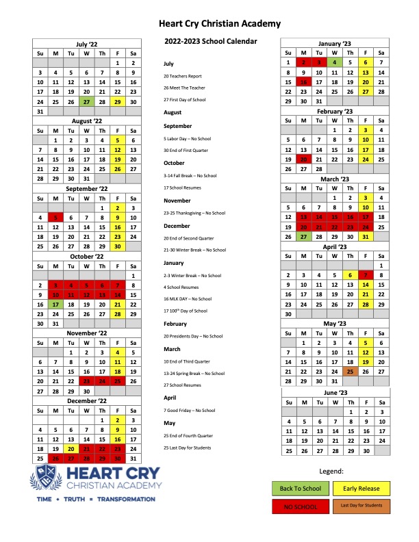 School Calendar - Heart Cry Christian Academy